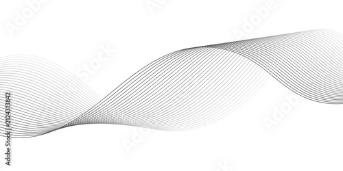 Abstract monochrome flowing wave lines with elegant grey and black curves on transparent background, creating a modern soundwave frequency pattern for digital technology and data visuals.