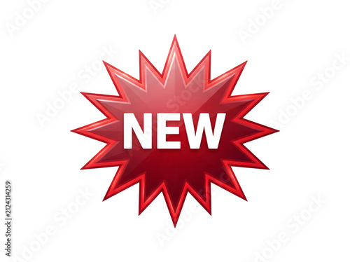 Vibrant red new product launch badge with explosion effect. 3D glossy starburst sticker for fresh release announcements and promotions.