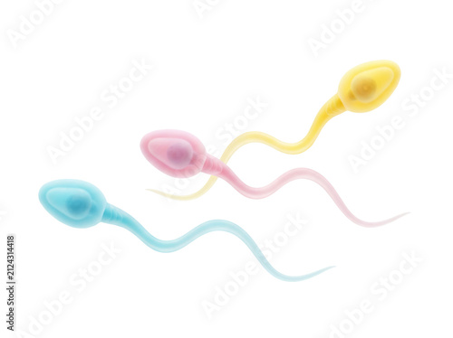Colorful sperm cells isolated on white. Microscopic view of reproductive biology elements.