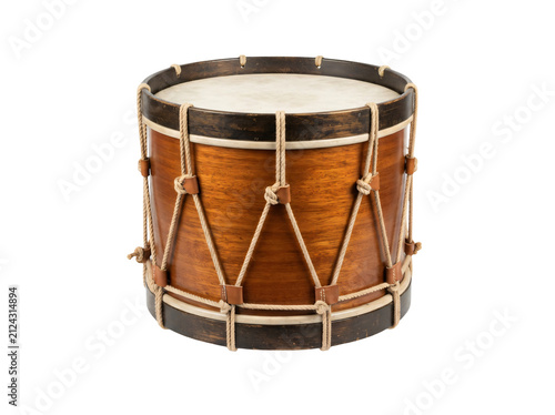 Vintage wooden snare drum isolated. Traditional percussion instrument with rope tension.