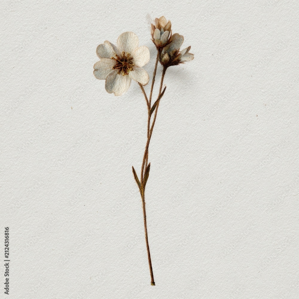 Fototapeta premium Delicate pressed flower with thin stem on a textured white background.