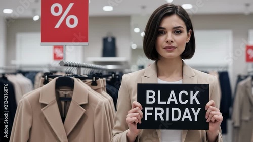 Woman holding black friday sign in clothing store