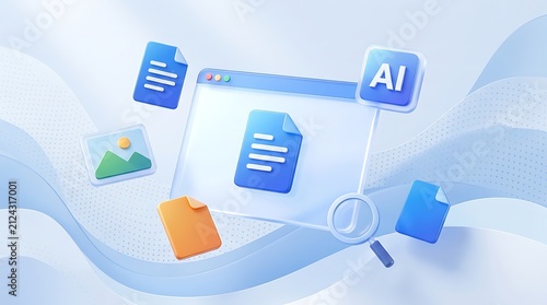 3 d of a browser window with floating document an ai symbol, and a magnifying glass on a light blue wavy background