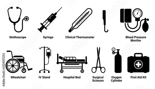 Foto Medical Equipment Icons Including Stethoscope Syringe Thermometer and Blood Pres
