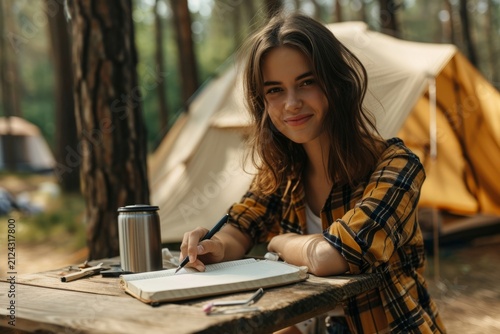Young woman with long hair, wearing a plaid shirt, is sitting at a wooden table in a forest campsite, sketching in a notebook, surrounded by nature and tents, enjoying outdoor creativity