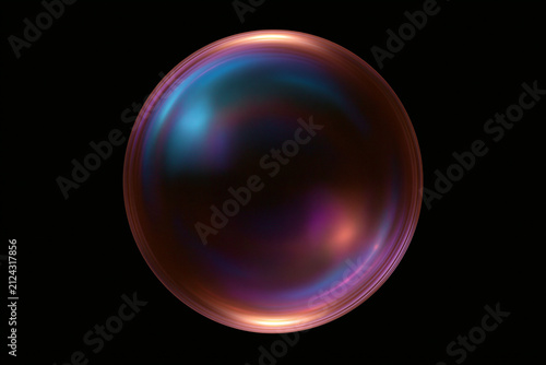 Iridescent soap bubble isolated on black background. Glowing colorful sphere with metallic magenta and blue reflections. Transparent orb macro design element, orb features a smooth, reflective texture