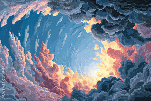  illustration of cool clouds and sky background rising from the center