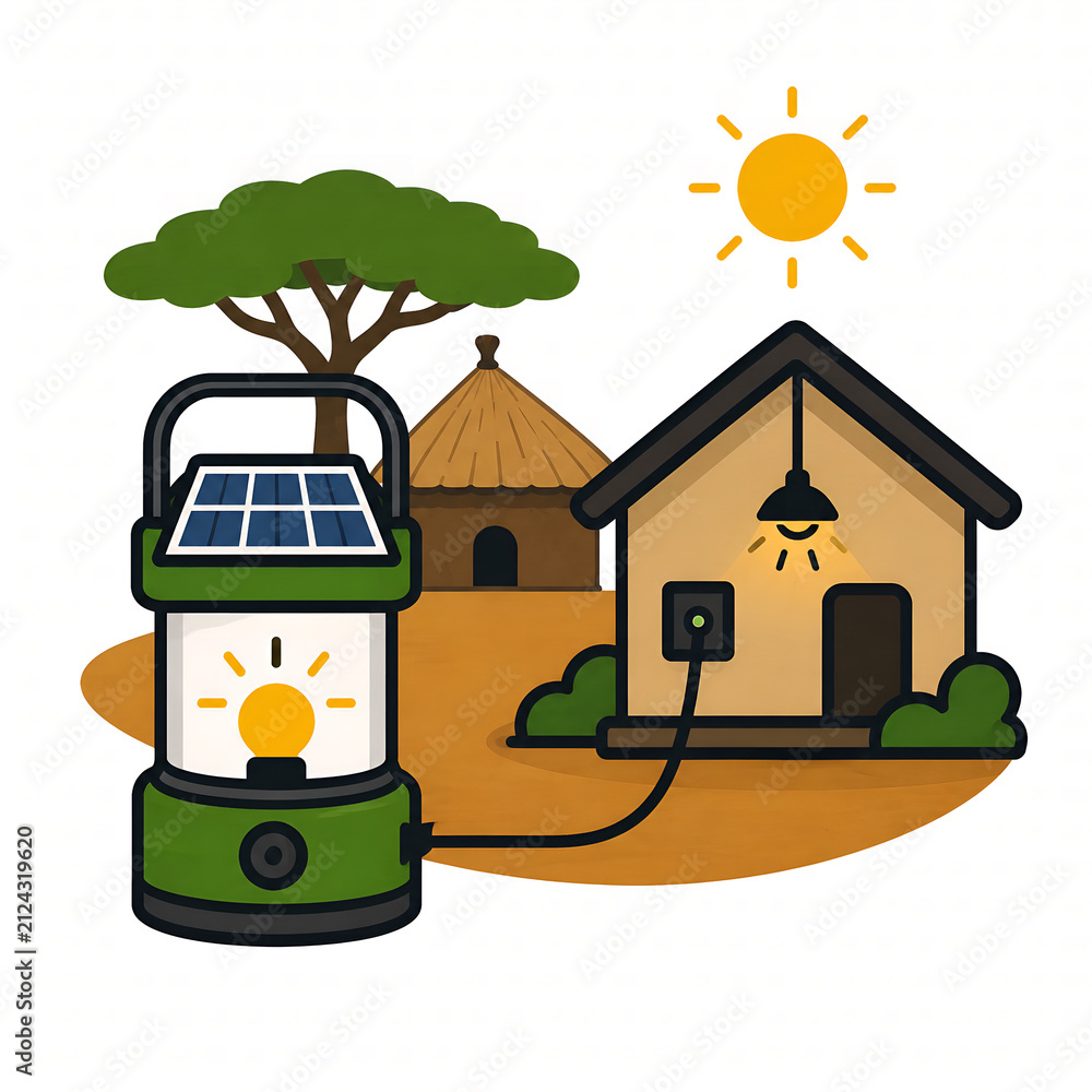 Naklejka premium Solar Lantern Powering Rural African Home with Off-Grid Renewable Energy Flat Vector Illustration