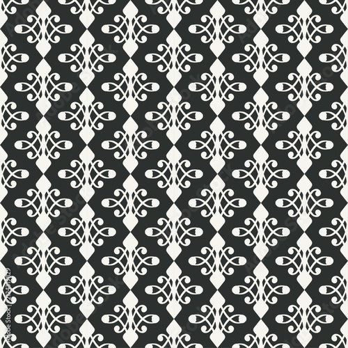 Dark charcoal and off white calligraphic vector seamless pattern. Elegant filigree scrollwork and geometric diamond lattice motifs in a luxury vintage grid layout.