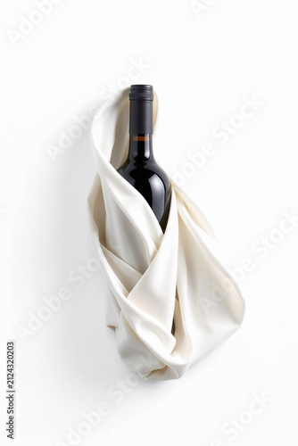 Luxury wine bottle wrapped in elegant white silk fabric