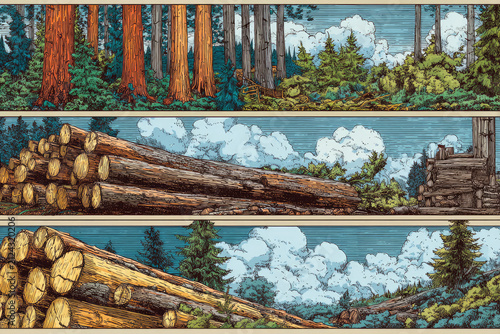 Forest pines and spruces. Log pile, logging, woodworking industry. Wide banner or panoramic wooden chests. 