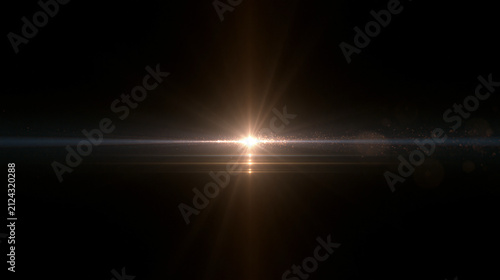Bright lens flare light effect with horizontal streak on black background. Golden light burst with glowing dust particles and anamorphic rays. Cinematic visual effect overlay or graphic asset