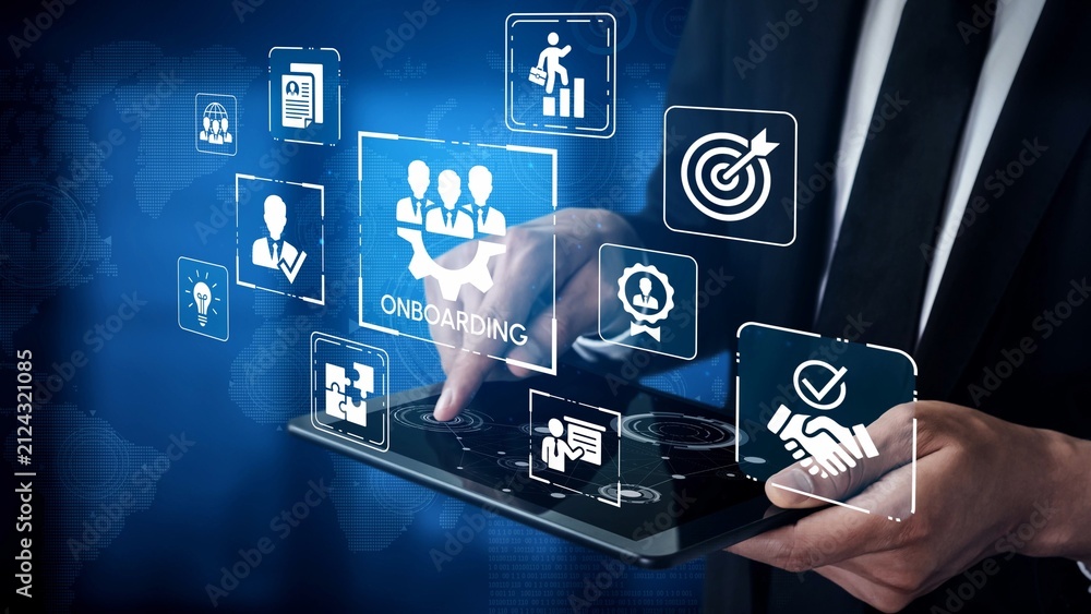 Fototapeta premium Business Professional Engaging with Digital Onboarding Icons on Tablet for Employee Integration and Performance Improvement Strategies. Entropy.