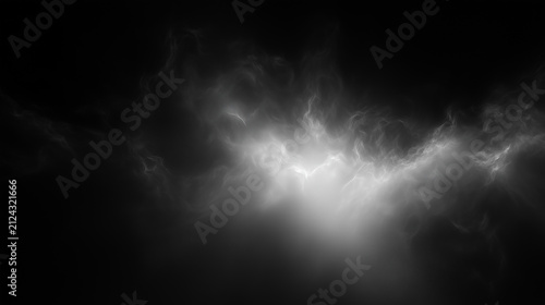 Monochrome abstract nebula background with wispy smoke and glowing core. Black and white space gas cloud texture