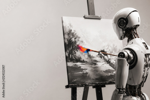 Humanoid robot paints a canvas on an easel. Space for text.