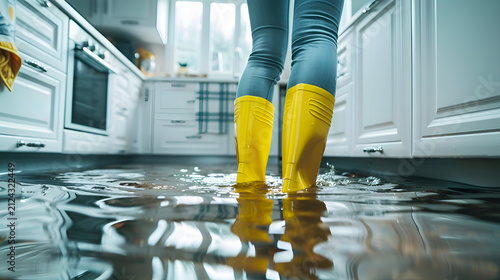 Yellow boots in flooded kitchen: resilience in home crisis