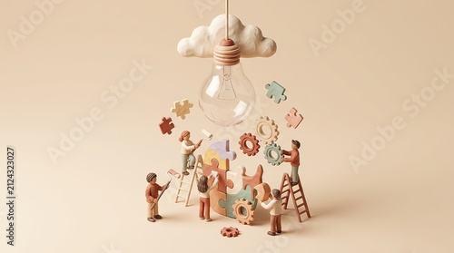 Group of miniature figures assembling puzzle pieces and gears under a hanging light bulb and cloud