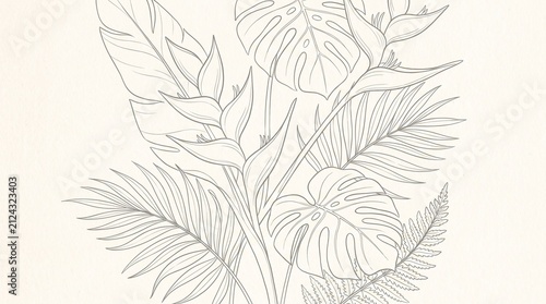 Minimal tropical botanical line art illustration with monstera palm and heliconia leaves