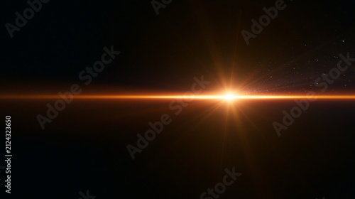 Orange lens flare light effect on black background. Bright anamorphic streak with floating dust particles. Cinematic optical flare overlay.  Ideal overlay element, cinematic, sci-fi, visual effects.