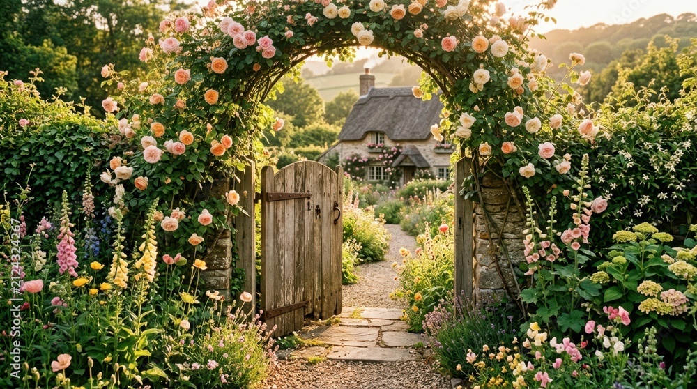 Fototapeta premium Charming cottage garden gate with roses and stone path leading to a thatched roof house