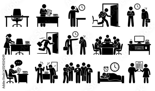 Corporate workplace environment and employee schedule pressure stick figure icon set depicting late arrival running to office meeting deadlines and sleeping over time