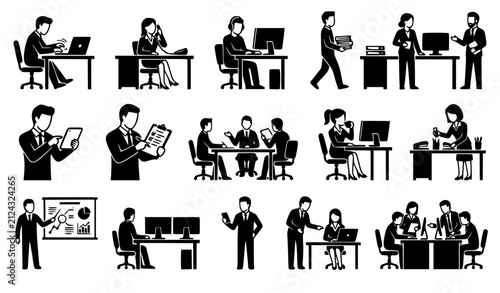 Corporate office business workflow and employee workplace behavior stick figure icon set depicting workers at desks computer workstations presentations and meetings elements