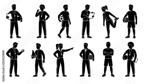 Gym fitness coach and sports personal trainer silhouette vector icon bundle featuring male and female instructors stretching, holding basketballs, and clipboard presentation illustration.