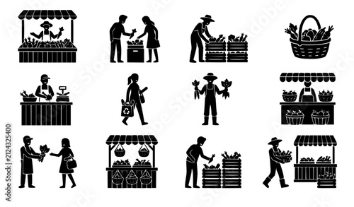 Farmers market and local grocery street fair icon set with people buying fresh organic vegetables vendor selling food stall baskets and harvest vector silhouettes