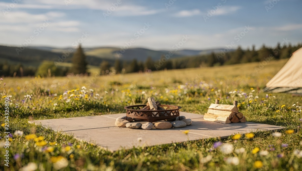 Obraz premium Bright open meadow tent site pad and fire ring centerpiece with blurred distant hills and scattered wildflowers enhancing the inviting outdoor space.