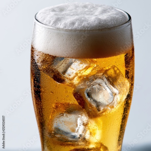 Refreshing golden beverage with ice cubes and frothy head in a chilled glass against a soft neutral background perfect for summer enjoyment