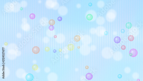 Colorful soap bubbles and bokeh lights floating on a bright blue sky background with vertical stripes.