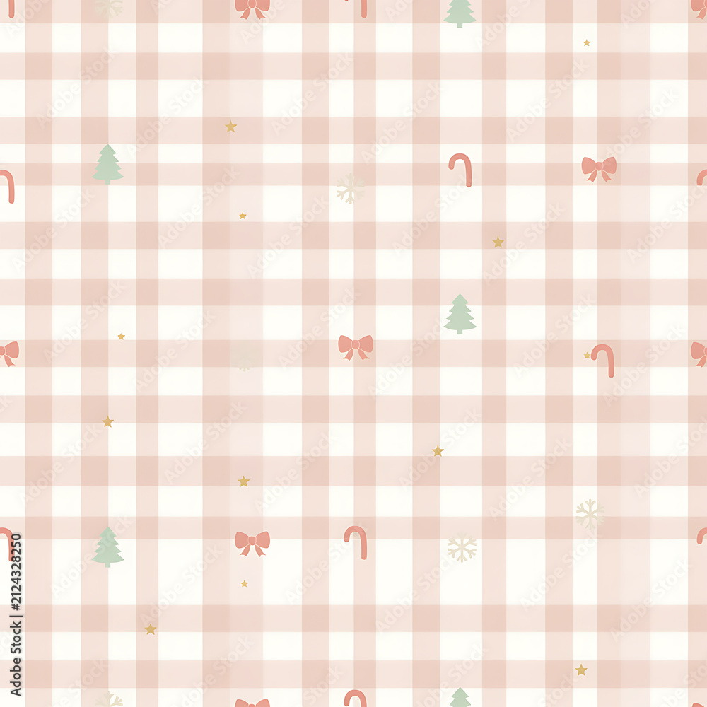 Cute pink Christmas plaid seamless pattern background with holiday elements vector illustration