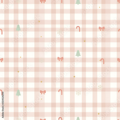 Cute pink Christmas plaid seamless pattern background with holiday elements vector illustration