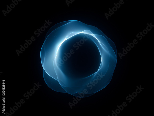 Abstract blue glowing energy ring on black background. Translucent wavy light sphere framing a dark circle. Futuristic digital technology background. AI synthetic voice technology. UI design concepts