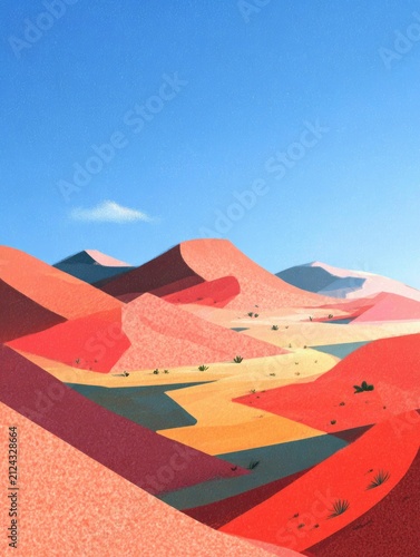 Colorful desert scene showcases layered red hills, lush green valleys, and clear blue sky.