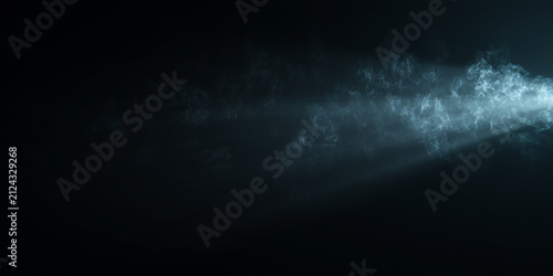 Diagonal light beam piercing through dark smoke and mist. Futuristic cyan spotlight ray effect on dark background. Delicate smoke and fog particles floating. Atmospheric fog overlay banner