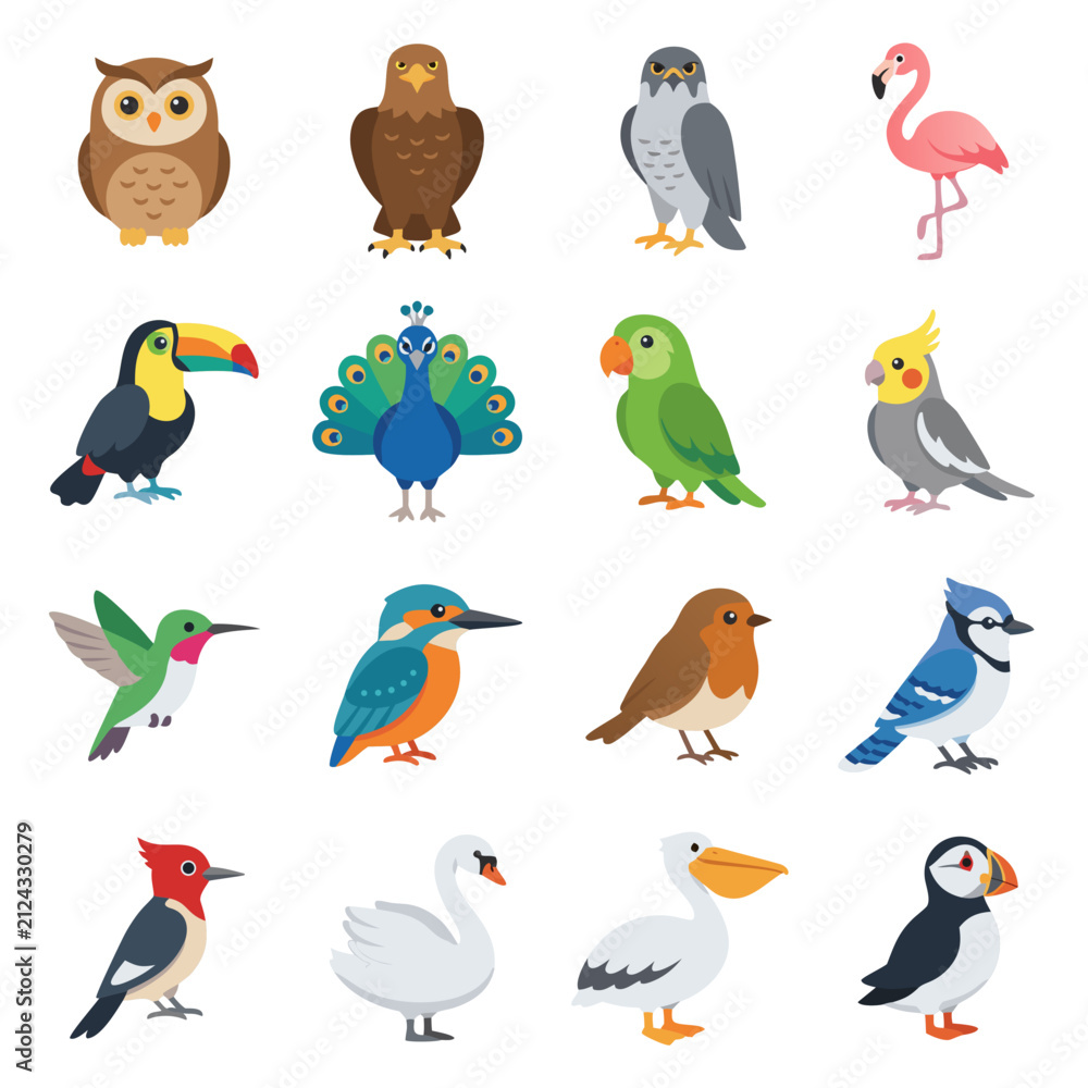 Obraz premium Diverse wild birds vector illustration set in cute flat design style. Full body collection of colorful bird species isolated on white background including owl, eagle, falcon, flamingo, toucan, peacock