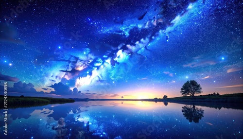 Vibrant Milky Way galaxy reflected in still lake water.