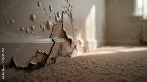 Water damage on bedroom wall near baseboard with peeling paint and moisture stains above carpet floor in a home interior 

