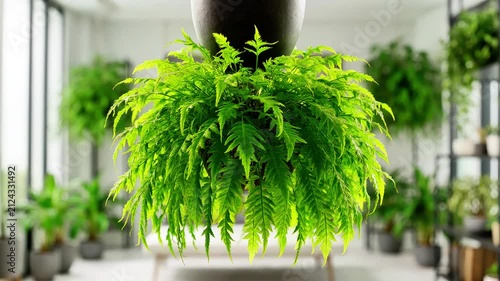 Lush green hanging fern plant in bright modern conservatory foliage interior botanical home indoor