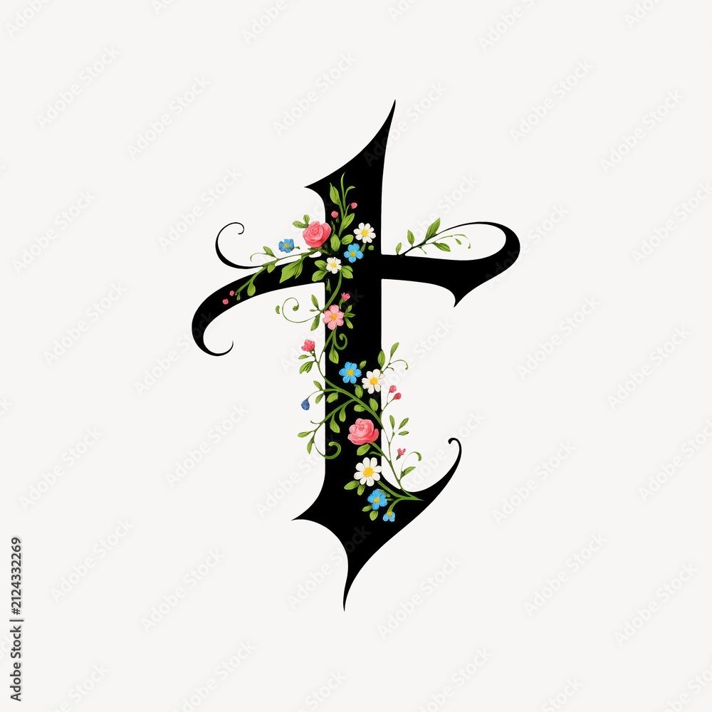 Fototapeta premium Elegant letter 'T' adorned with colorful floral designs on a white background.