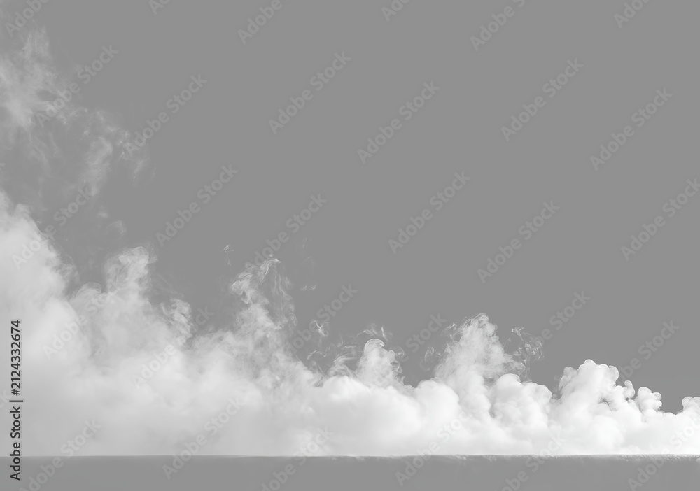 Obraz premium White dense fog and smoke border overlay isolated on grey background.Realistic thick steam rising from bottom. Abstract misty cloud haze texture set