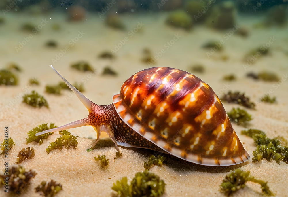 Obraz premium Underwater macro shot of a colorful sea snail with an ornate shell crawling on sandy seabed with Green algae, Green algae dots the underwater environment