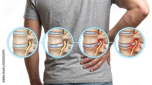 Lumbar Herniated Disc Slipped Disc Sciatica Intervertebral Disc Herniation, Medical illustration showing progressive disc degeneration nerve root compression and lower back pain