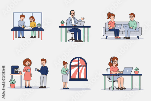 Flat Office Workspace and Remote Team Collaboration Vector Illustration Set