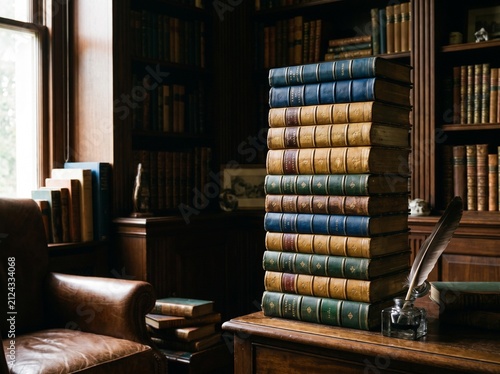 Stack of antique leather-bound books on wooden desk. Vintage literature collection with quill pen and inkwell for historical writing.
