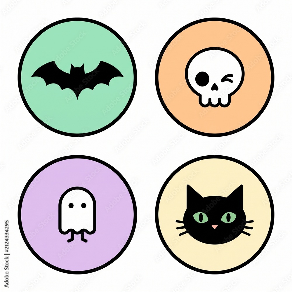 Obraz premium Halloween icons featuring a bat, skull, ghost, and cat are displayed within four colorful circles.