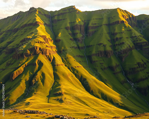 Sommets montagneux verdoyants d'Islande baignés de lumière estivale douce, offrant une vue panoramique spectaculaire sur des reliefs escarpés et harmonieux