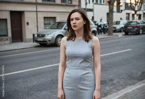 Young woman in a light blue...