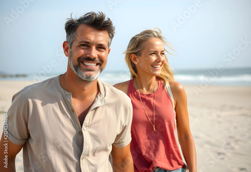 Happy couple walking on a s...